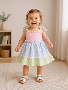 Rare editions โข NWT Gingham Tiered Sundress with Pastel Pink, Blue & Green